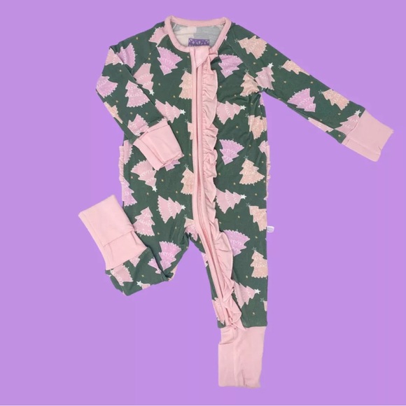 Poppy Kids Co Pink Christmas Tree Holiday Ruffle Bamboo Romper Pajamas - Picture 1 of 9